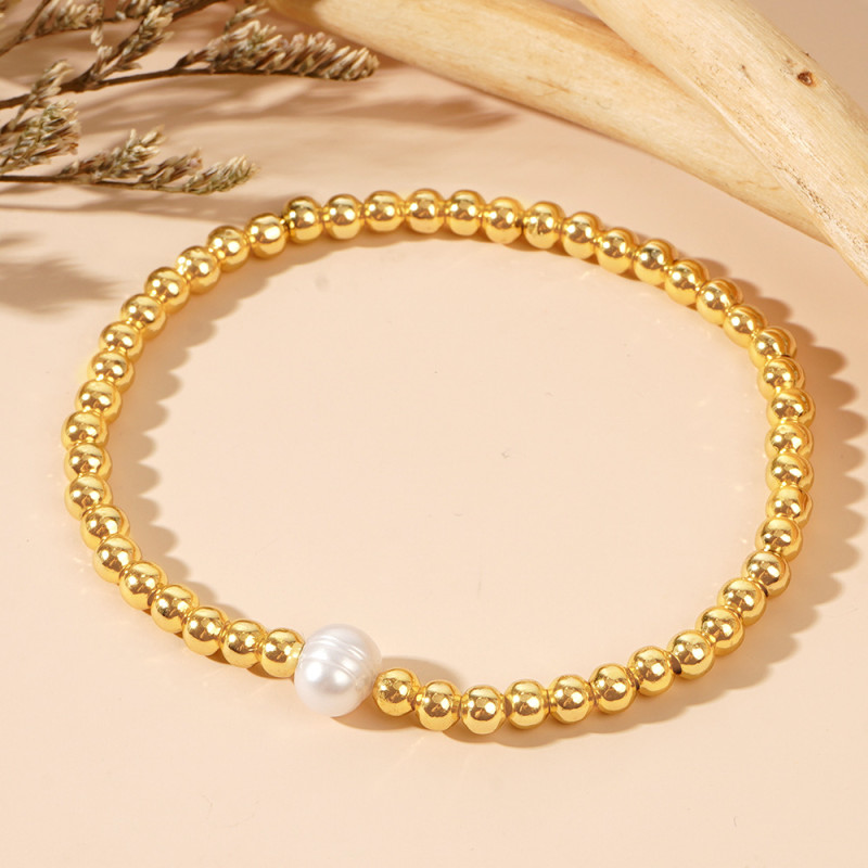 French Style Light Luxury Pearl Beaded Bracelet INS Gold Bead Color Retention Fashionable Women's Elastic Bracelet Wholesale