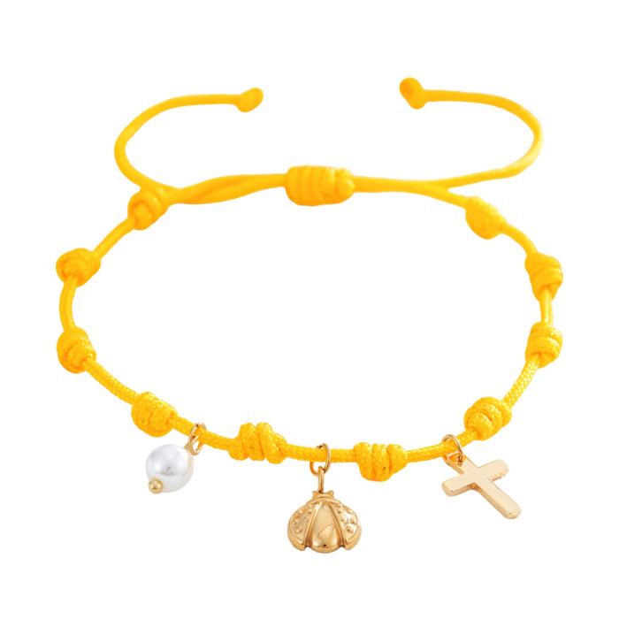Summer Vacation Bohemian Cross Pearl Pendant Color Rope Braided Bracelet Light Luxury Niche Exquisite High-end Feel,...