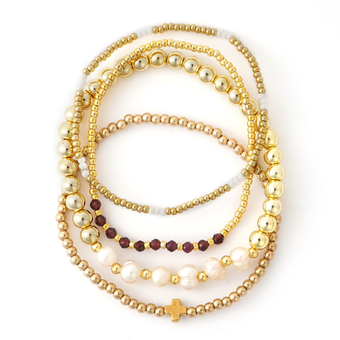 Amazon Hot-Selling Black Gallstone Cross Pearl Bracelet Light Luxury High-End Feel Gold Four-Piece Set Natural Stone Bracelet