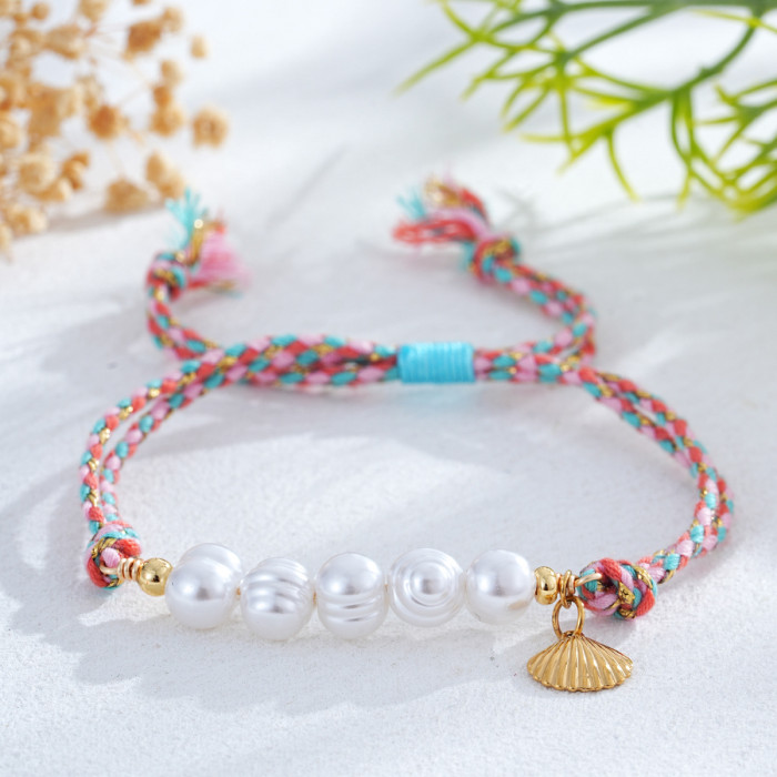 Forest Style White Punch Thread Bracelet Hand-twisted Cotton Rope Base Imitation Pearl Metal Shell Gentle Style Jewelry