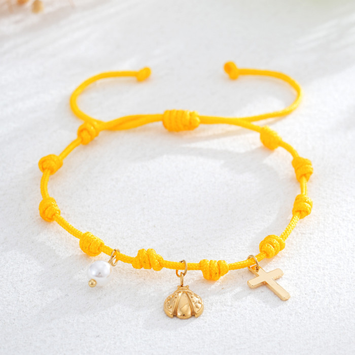 Summer Vacation Bohemian Cross Pearl Pendant Color Rope Braided Bracelet Light Luxury Niche Exquisite High-end Feel,...
