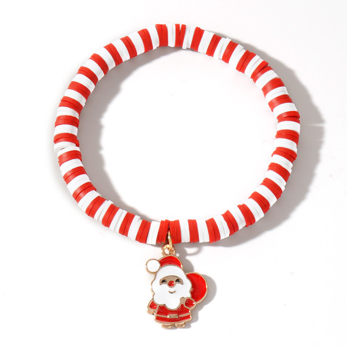 Christmas Soft Clay Beaded Bracelet Christmas Tree Snowman Bell Reindeer Pendant Red White Green Lucky Bead Bracelet...