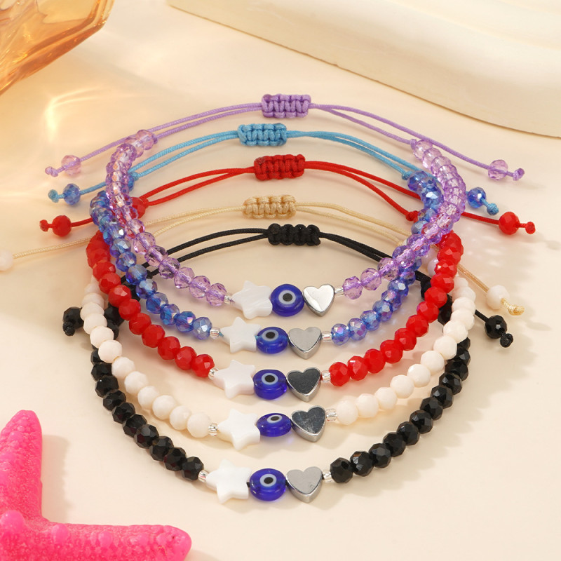 Off-White Crystal Bracelet with Steel Color Peach Heart Black Gallstone Blue Glass Flat Beads Pentagram Shell Light Luxury Elegant
