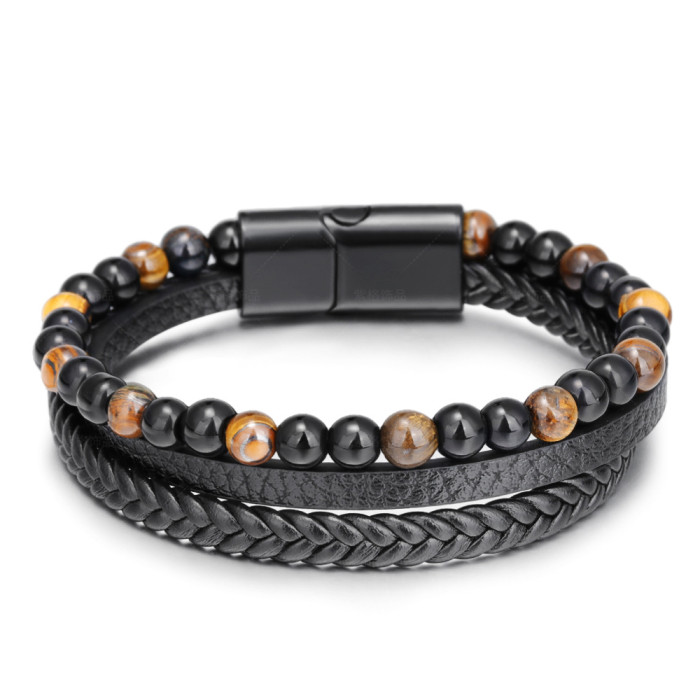 Simple Handwoven Leather Natural Tiger Eye Stone Bracelet Handwoven Volcanic Stone Beaded Men's Bracelet in Stock
