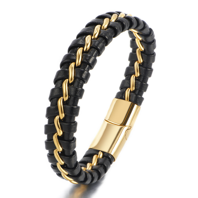 Cross-Border Hot Sale Retro Multi-Layer Woven Leather Steel Wire Mixed Bracelet Men's Titanium Steel Personalized Bangle In Stock Wholesale