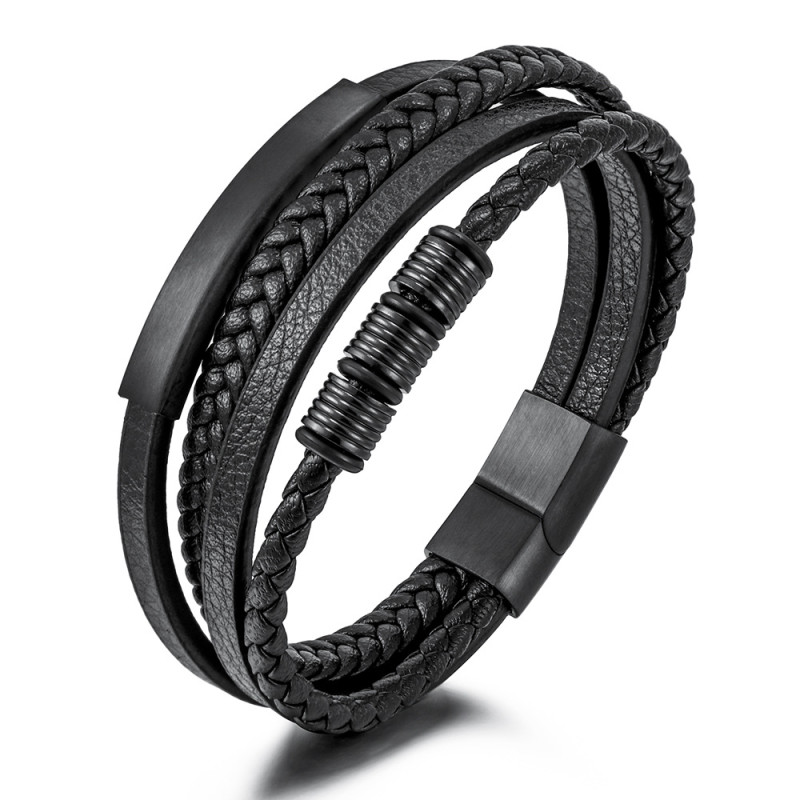 Cross-Border E-commerce Titanium Steel Braided Stainless Steel Bracelet Men's Titanium Steel Magnet Buckle Multi-Layer Leather Bracelet Wholesale