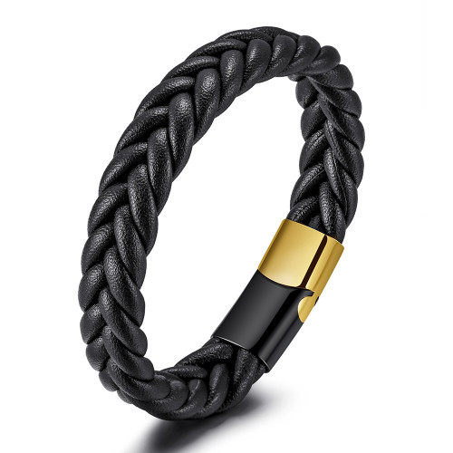 Cross-Border E-commerce Hot Sale Single Hand-Woven Braided Leather Rope Simple Titanium Steel Bracelet Wholesale Men's Leather Bracelet