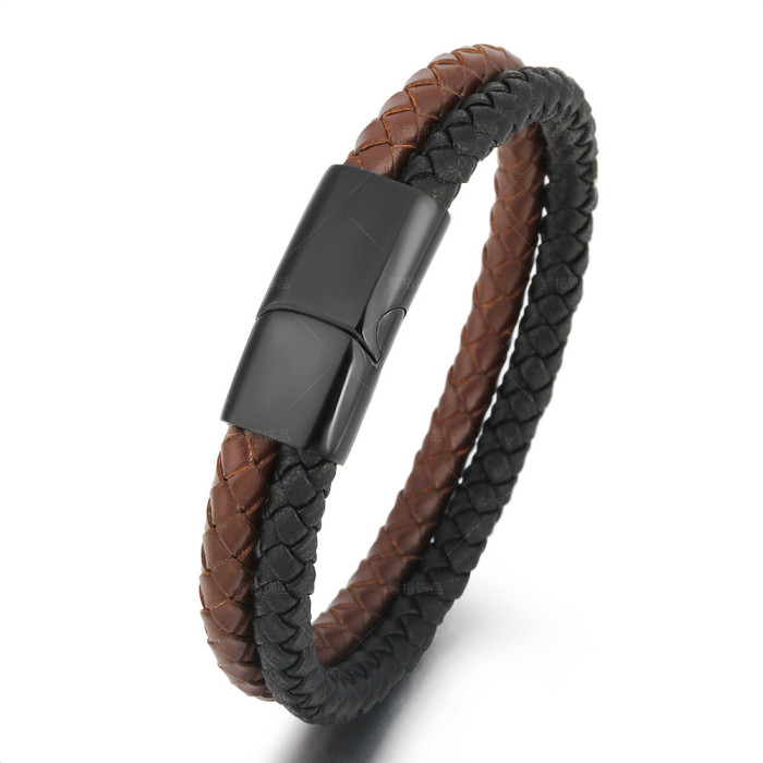 Cross-Border New Retro Men's Leather Rope Braided Multi-Layer Bracelet Stainless Steel Magnetic Clasp Bracelet Titanium Steel Jewelry