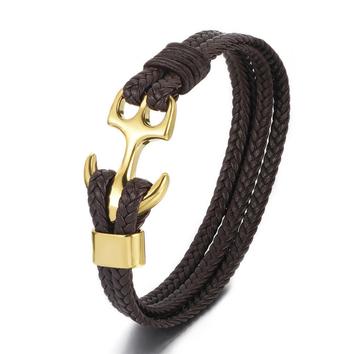 Retro Stainless Steel Men's Bracelet Multi-Layer Leather Microfiber Woven Titanium Steel Anchor Magnetic Bracelet Jew...