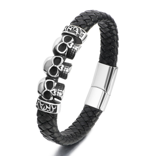 Cross-Border New Punk Style Stainless Steel Skull Bracelet Men's Leather Woven Titanium Steel Magnetic Clasp Bracelet In Stock
