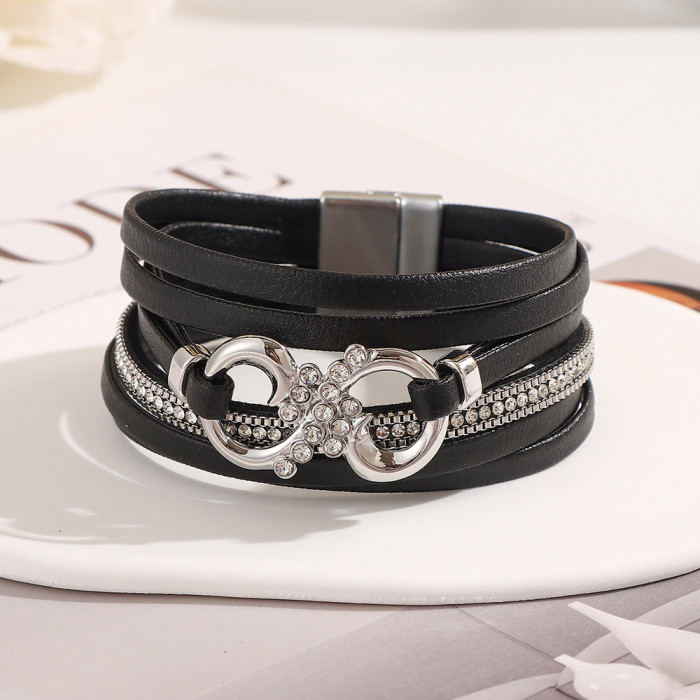Fashion Multi-layer PU Leather Leopard Print Bracelet for Women Wireless Symbol Stone-Inlaid Geometric Bangle Jewel...