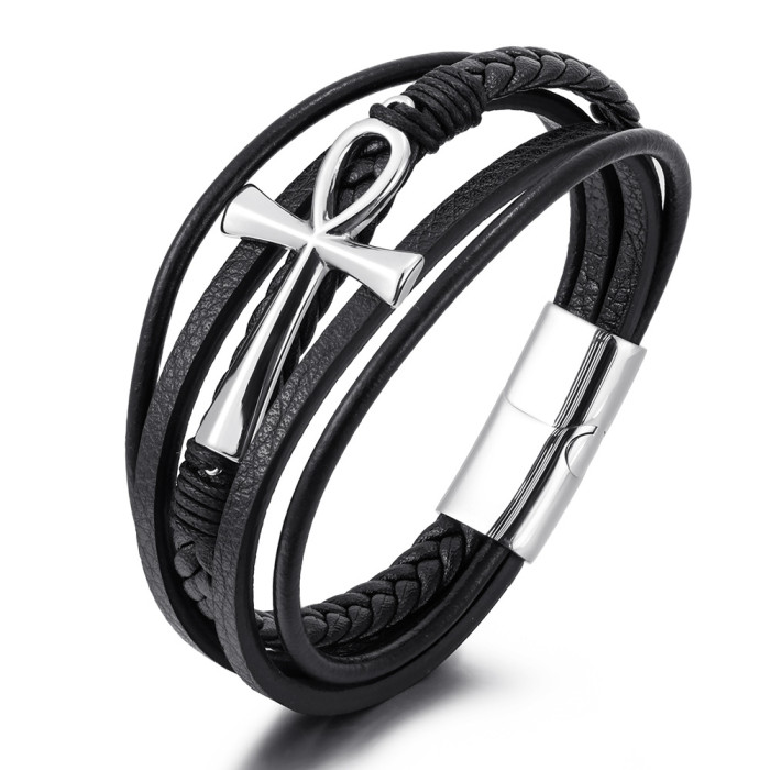 Cross-Border Hot Selling Multi-Layer Hand-Woven Cowhide Rope Stainless Steel Cross Bracelet Men's Titanium Steel Magnetic Clasp Bracelet