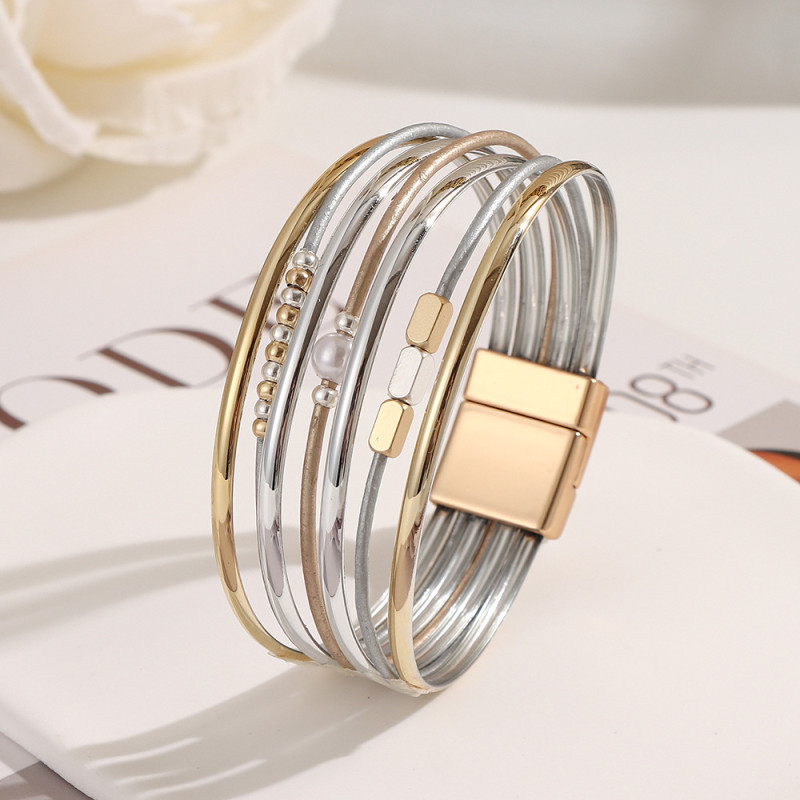 European and American Style Fashion Multi-layer PU Leather Alloy Bracelet for Women Simple Pearl Magnetic Clasp Bracelet Jewelry Cross-border Hot Sale