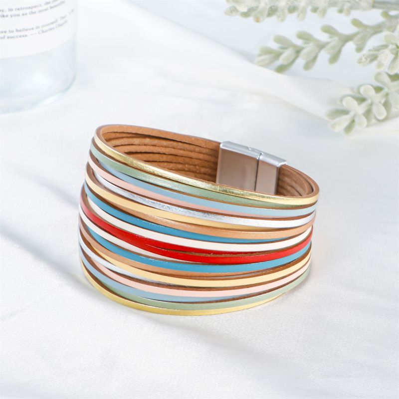 Summer New Amazon Multi-layer Rainbow Color Women's Leather Cord Bracelet Fashion Versatile PU Leather Magnetic Clasp Bangle