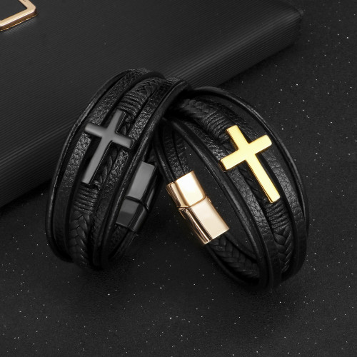 Cross-Border Hot Sale European and American Cross Leather Bracelet Men's Multi-Layer Handmade Braided Rope Magnetic Buckle Leather Bracelet