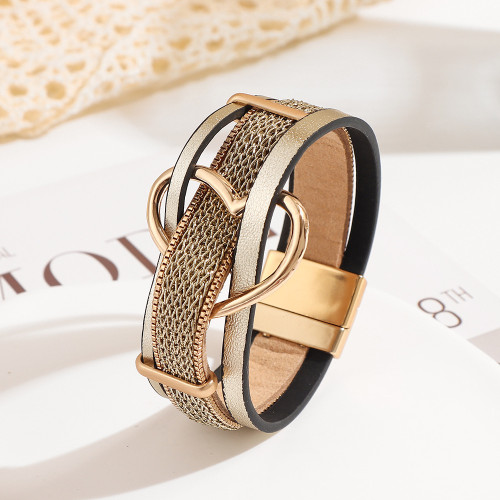 Cross-Border New Creative Metal Mesh Fabric Leather Mixed European and American Heart-Shaped Accessories Woven Women's Bracelet Bangle Jewelry