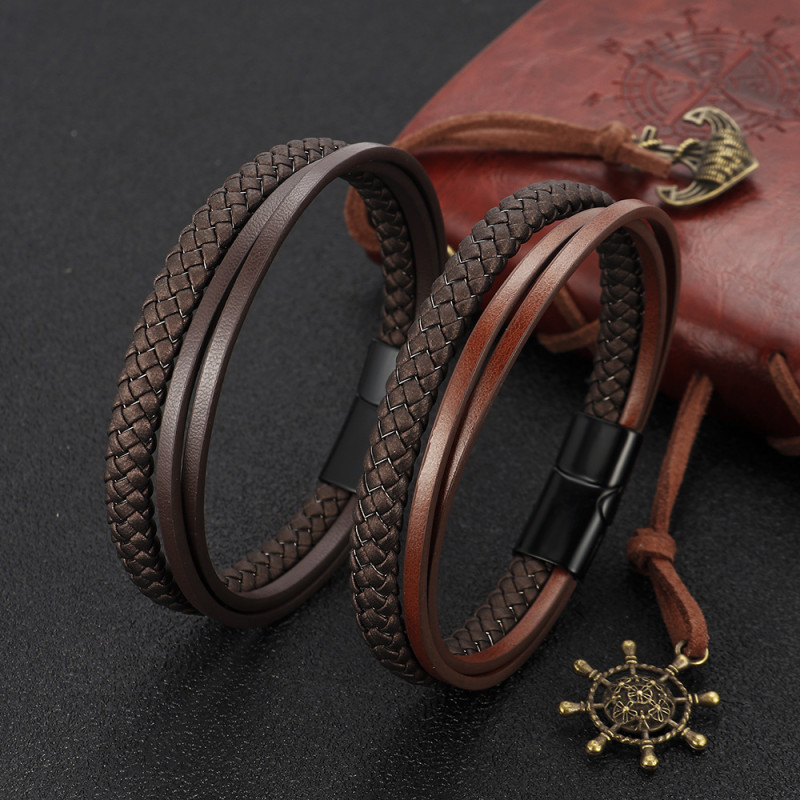 Cross-Border New Leather Bracelet for Men, Small Multi-Layer Woven European and American Style, Hot-Selling Handmade Bracelet, In Stock Wholesale