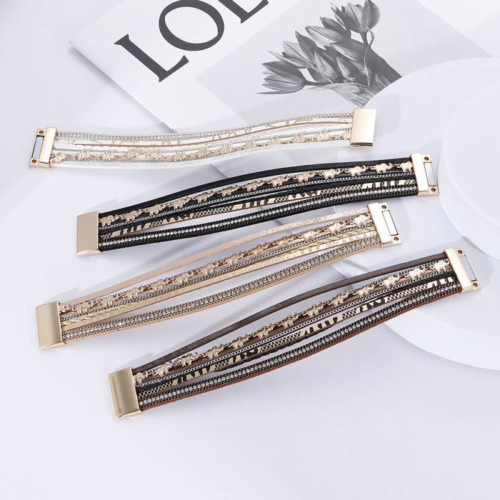 Amazon Fashion Elephant Pendant Handmade Woven Leather Bracelet for Women Ins Style with Rhinestones and Magnetic Clasp