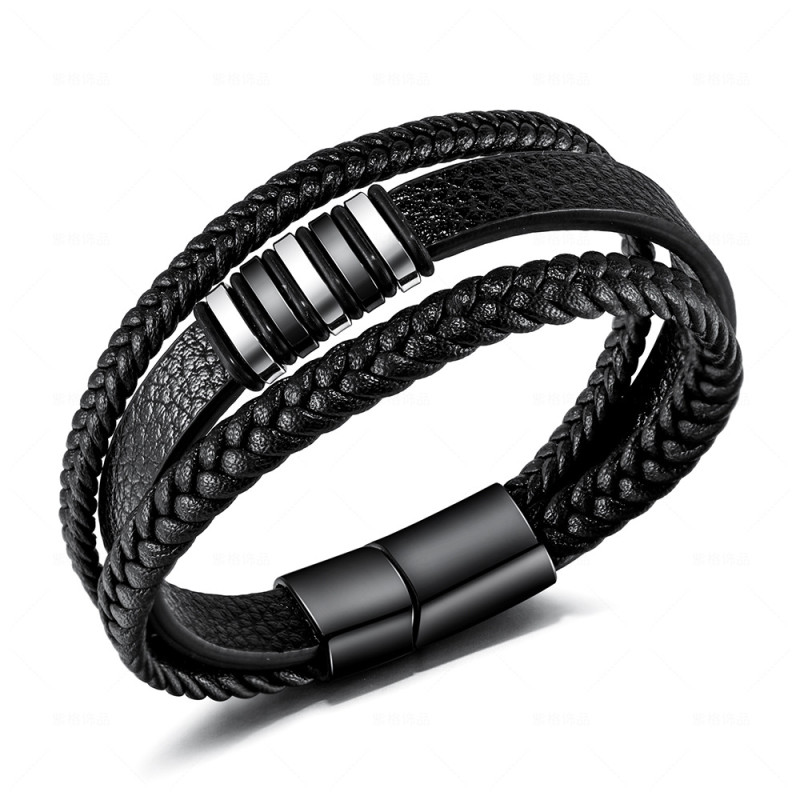 Multi-layer Hand-woven Cow Leather Stainless Steel Men's Bracelet European and American Vintage Jewelry Titanium Steel Bangle Cross-border Accessories