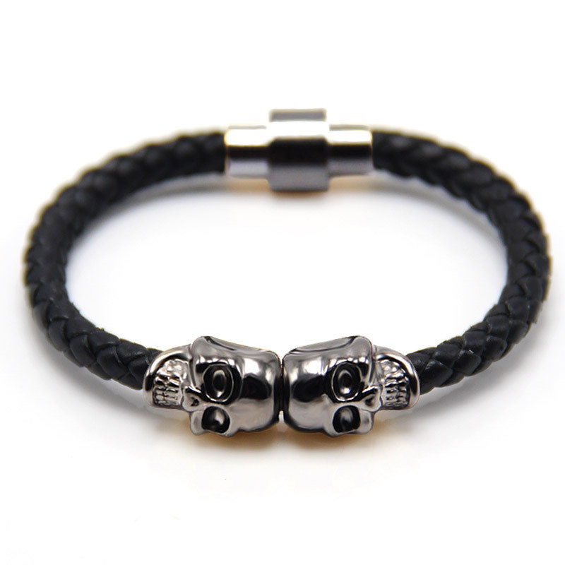 Original Cross-Border New Punk Style Cowhide Braided Magnet Buckle Skull Bracelet for Men European and American Style Jewelry