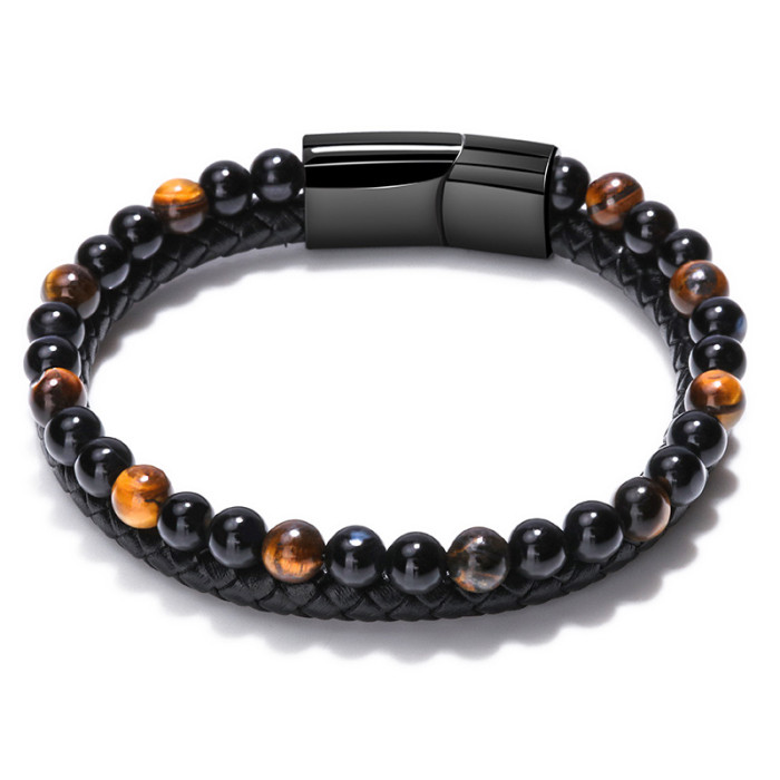 Simple Handwoven Leather Natural Tiger Eye Stone Bracelet Handwoven Volcanic Stone Beaded Men's Bracelet in Stock