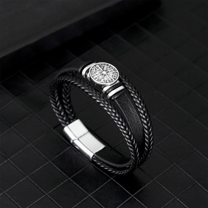 Fashion Trendy Men's Jewelry Alloy Scripture Compass Leather Bracelet Fashion Versatile Multi-layer Woven Leather Bra...