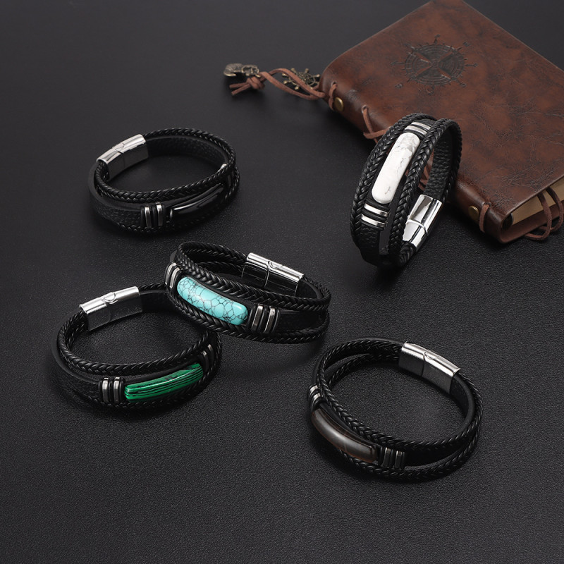 Amazon Hot-Selling Multi-Layer Genuine Leather Bracelet Cross-Border Exclusive Stainless Steel Tiger Eye Stone Bracelet for Men European and American Bestsellers