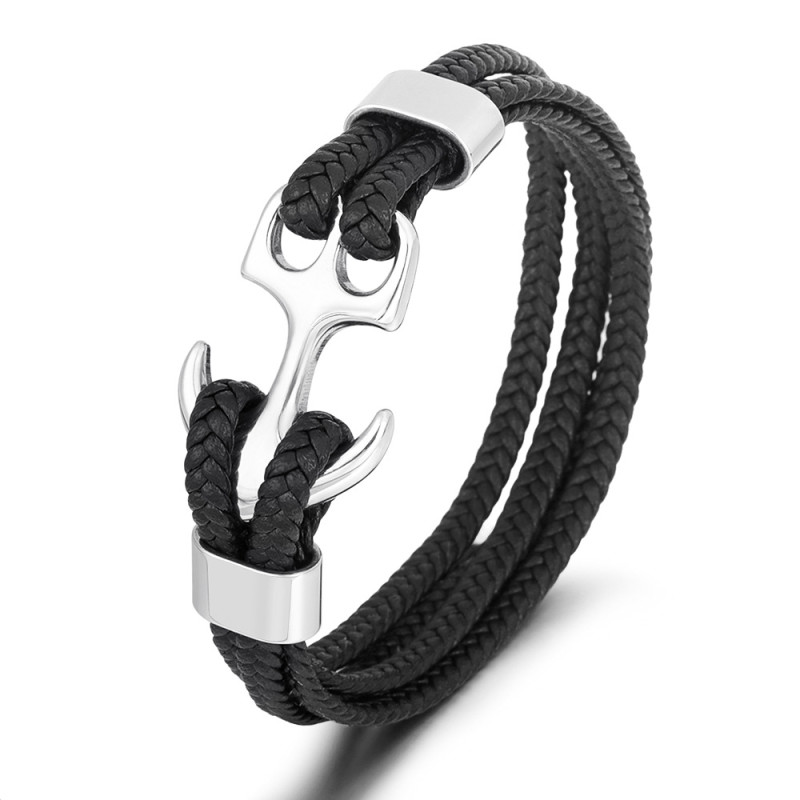 Amazon Hot Sale Men's Stainless Steel Anchor Bracelet Vintage Braided Leather Cord Multi-layer Leather Bracelet In Stock Wholesale