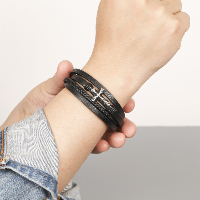 Simple Men's Woven Bracelet Fashion Versatile Multi-layer Leather Cross Jewelry Style Stainless Steel Bracelet