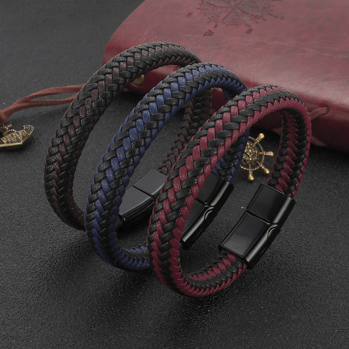 Cross-Border New Amazon European and American Hand-Woven Leather Rope Bracelet Men's Vintage Magnetic Clasp Bracelet In Stock Wholesale