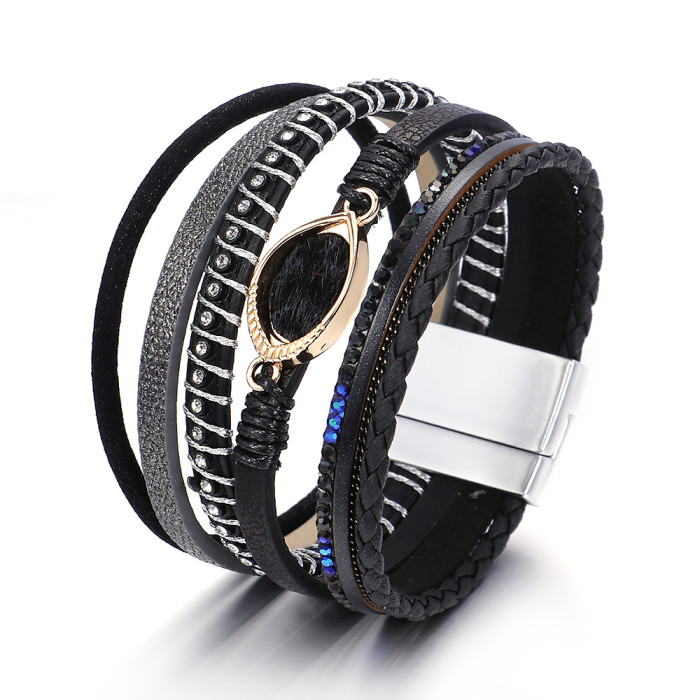 Ethnic Style Hand-Woven Multi-Layer Leather Eye Leopard Print Bracelet for Women with Magnetic Clasp Jewelry