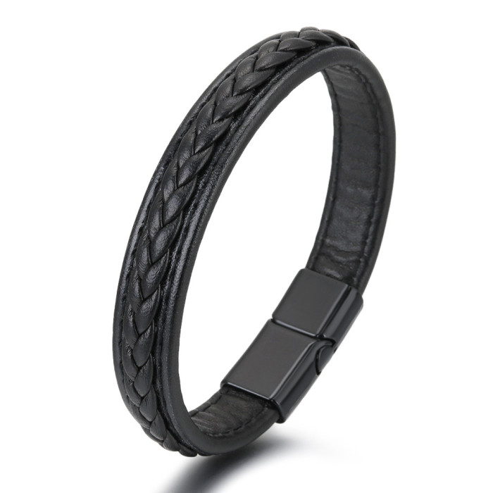 Cross-Border European and American Men's Bracelet Cowhide Handmade Original Niche Couple Simple Woven Leather Alloy Bracelet in Stock
