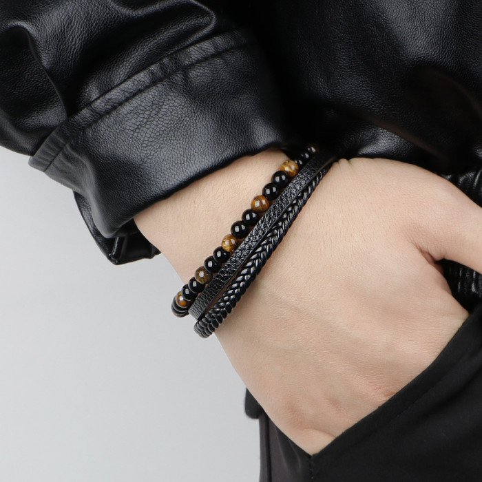Simple Handwoven Leather Natural Tiger Eye Stone Bracelet Handwoven Volcanic Stone Beaded Men's Bracelet in Stock