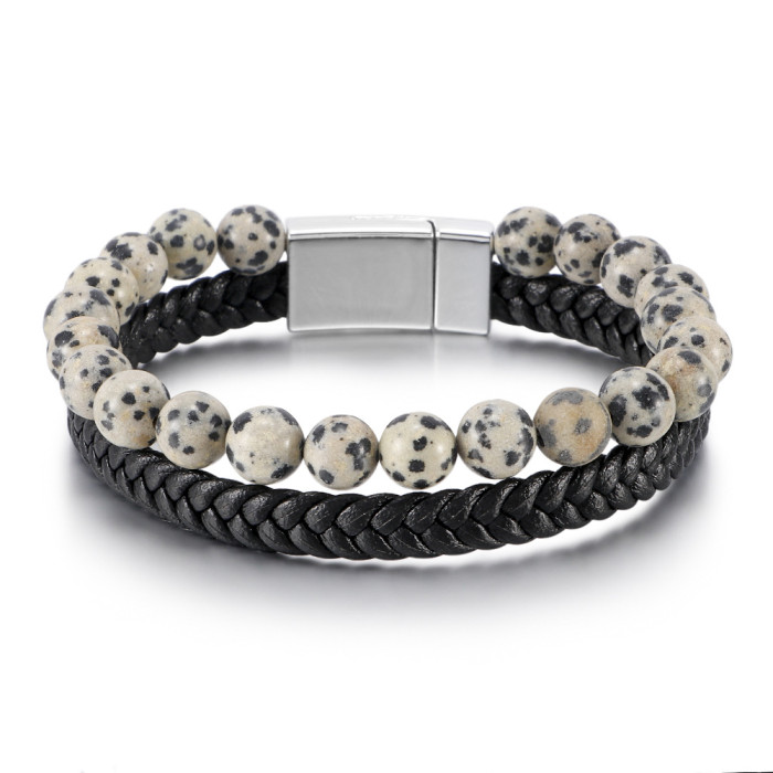 European and American Cross-Border Simple Leather Tiger Eye Beaded Natural Stone Bracelet Wholesale European and American Men's Cowhide Rope Agate Bracelet