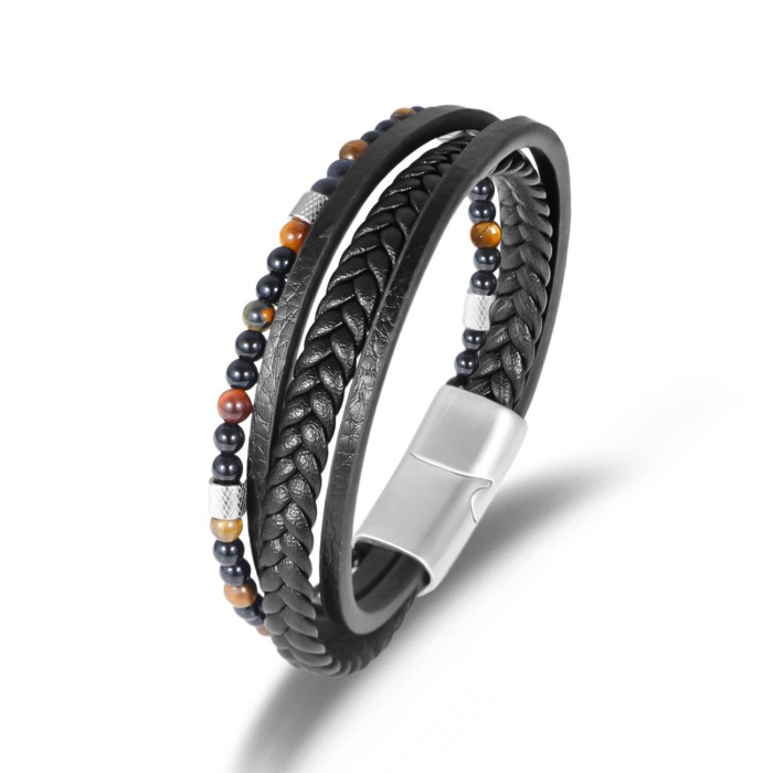 Fashion Versatile Men's Woven Leather Bracelet Simple Natural Stone Beaded Bracelet Stainless Steel Magnetic Clasp Je...