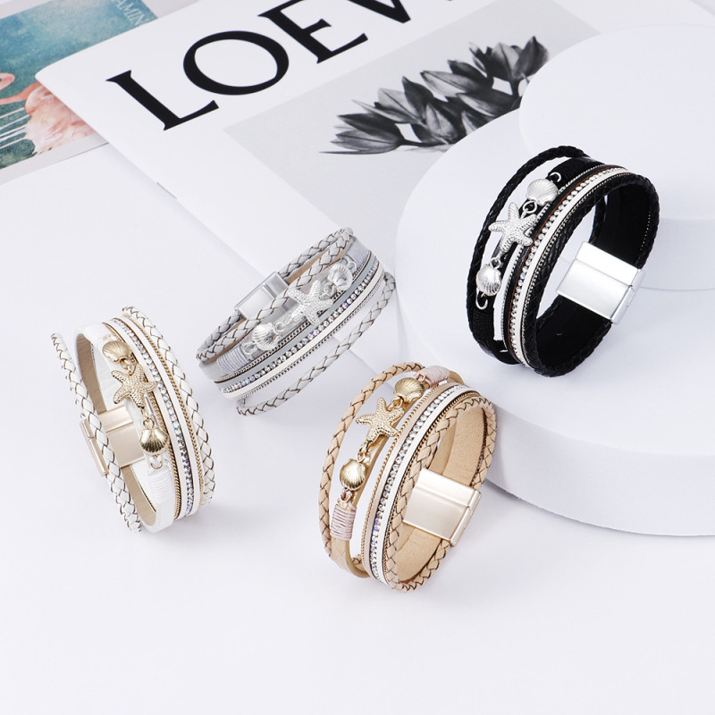 Cross-Border E-commerce European and American Style Multi-Layer Woven Leather Starfish Shell Bracelet for Women with Rhinestone Magnetic Clasp Wholesale