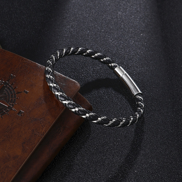 Cross-Border Jewelry Minimalist Style Hand-Woven Leather Rope Stainless Steel Couple Bracelets Unisex Design Student Bracelets