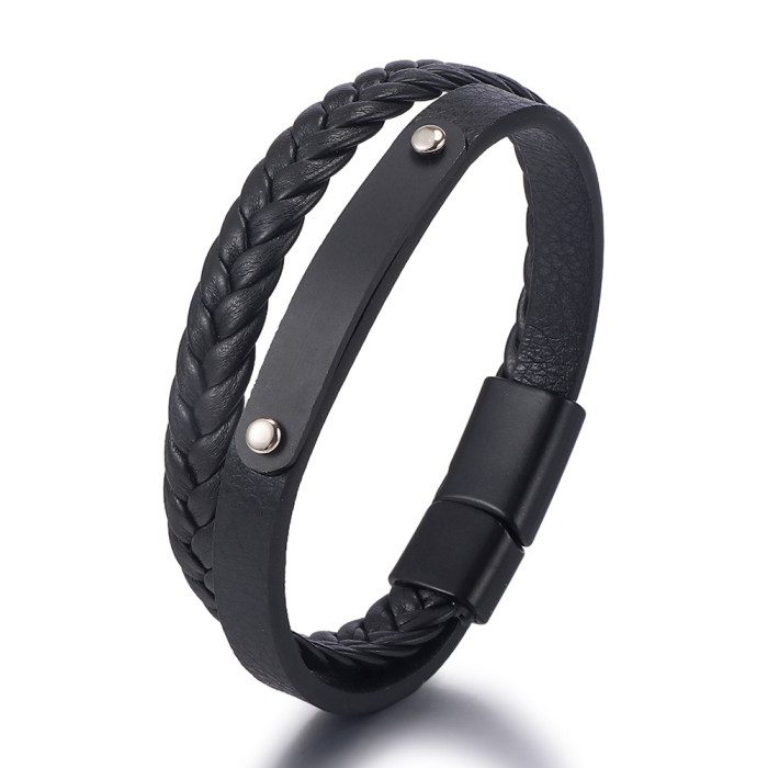 Hot Selling Stainless Steel Smooth Leather Bracelet Vintage Woven Men's Jewelry PU Leather Alloy Magnet Buckle Bracelet