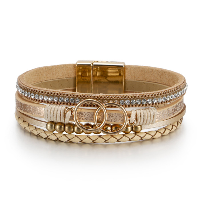 Amazon Hot Sale European and American Style Bracelet for Women Multi-layer Woven Leather Foreign Trade Double Circle Magnetic Clasp Jewelry In Stock