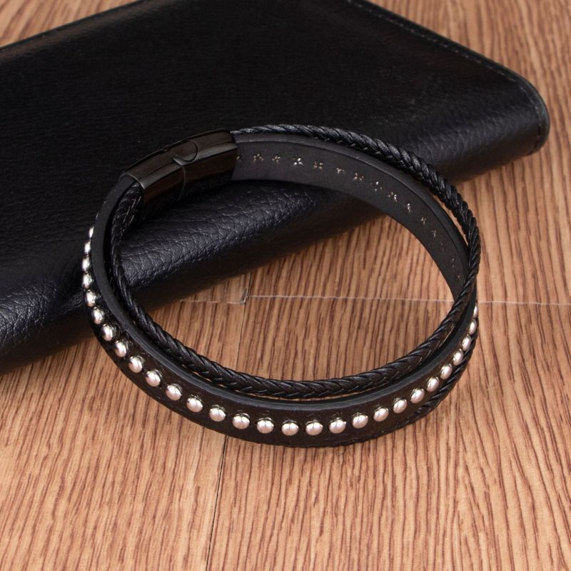 Cross-Border New Product Multi-Layer Woven Leather Bracelet Personality Punk Style Rivet PU Men's Magnetic Clasp Bracelet In Stock