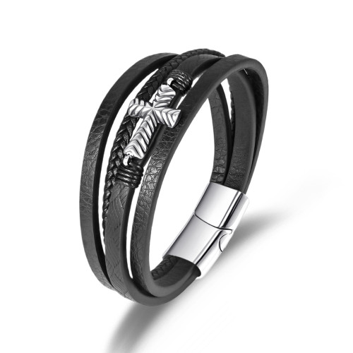Simple Men's Woven Bracelet Fashion Versatile Multi-layer Leather Cross Jewelry European and American Style Stainless Steel Bracelet
