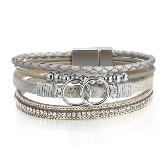 Amazon Hot Sale European and American Style Bracelet for Women Multi-layer Woven Leather Foreign Trade Double Circle Magnetic Clasp Jewelry In Stock