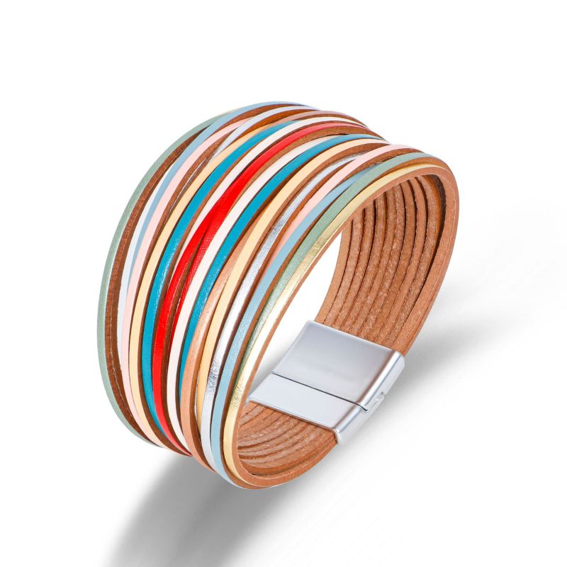 Summer New Amazon Multi-layer Rainbow Color Women's Leather Cord Bracelet Fashion Versatile PU Leather Magnetic Clasp Bangle