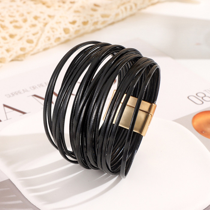 Amazon New European and American Fashion Multi-layer PU Leather Stackable Women's Bracelet Versatile European and American Style Personality Bangle
