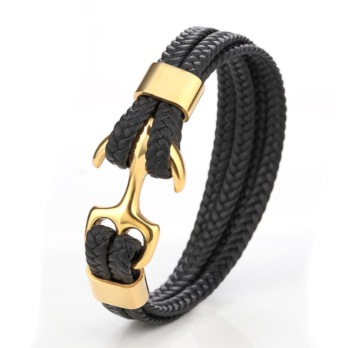 Amazon Hot Sale Men's Stainless Steel Anchor Bracelet Vintage Braided Leather Cord Multi-layer Leather Bracelet In Stock Wholesale