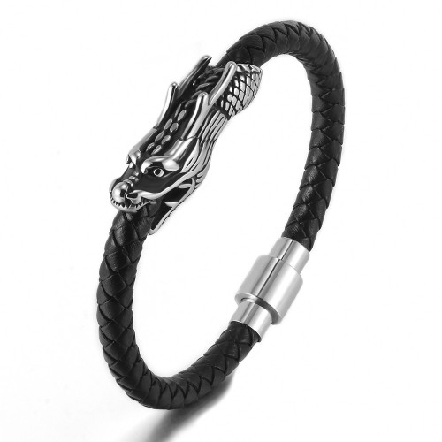 Foreign Trade Hot Sale Domineering Stainless Steel Faucet 6mm Genuine Leather Braided Bracelet Men's Magnetic Clasp Punk Bracelet Jewelry