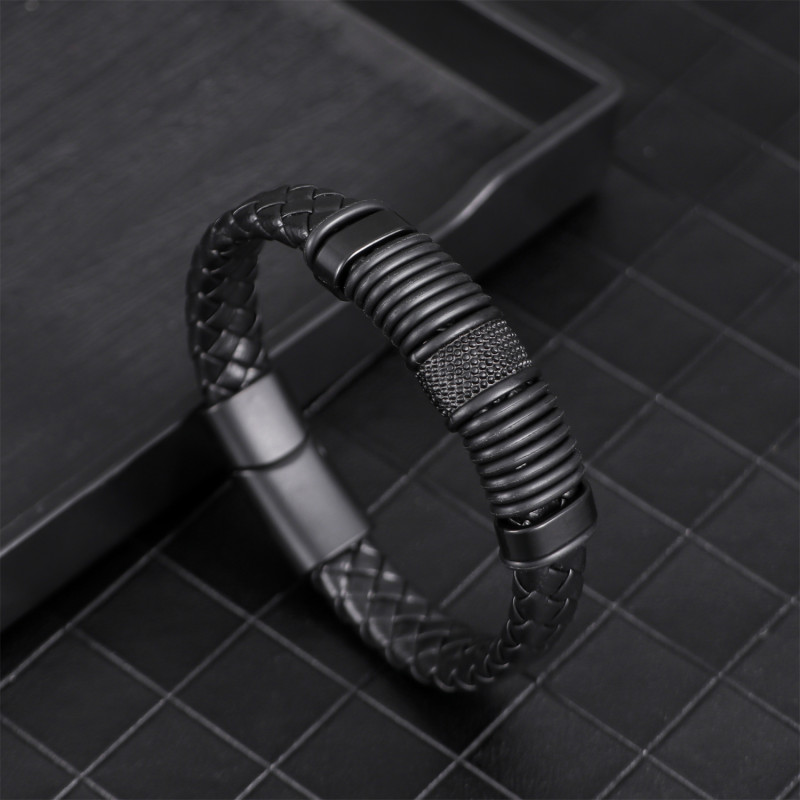 Cross-Border European and American Trend Double-Layer Vintage PU Leather Rope Braided Bracelet Men's Punk Leather Magnet Buckle Bracelet
