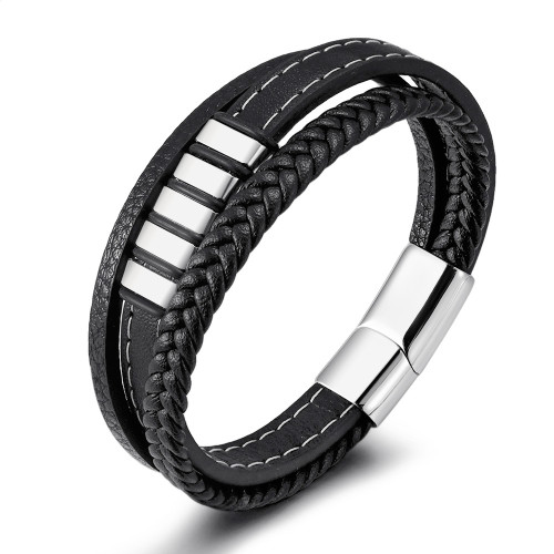 Amazon European and American Style Stainless Steel Leather Bracelet Men's Handmade Threaded Multi-layer Woven Titanium Steel Bangle