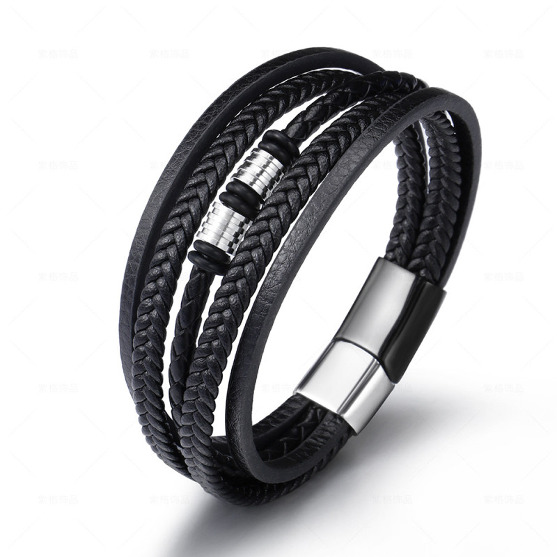 Cross-border E-commerce New European and American Style Men's Stainless Steel Leather Bracelet Multi-layer Hand-woven Titanium Steel Bangle In Stock