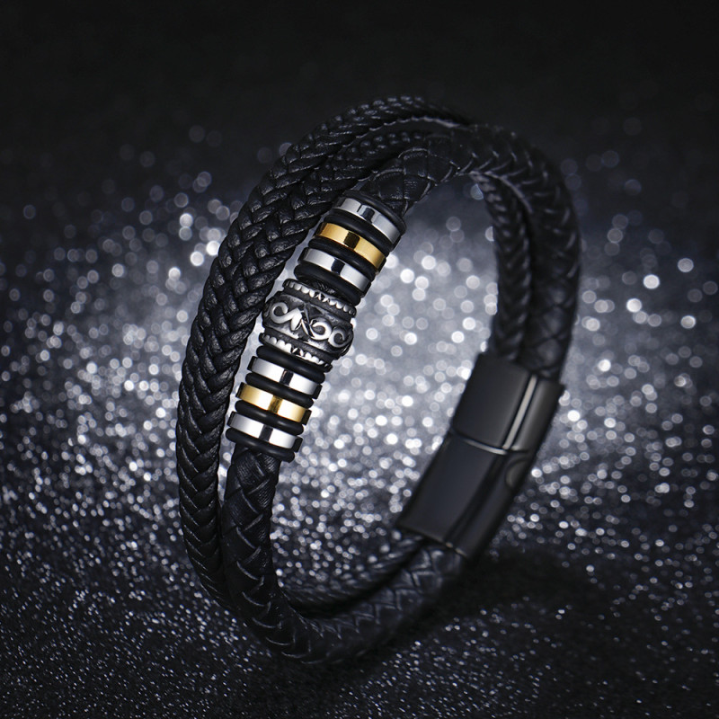 Cross-Border Foreign Trade Ethnic Style Jewelry Stainless Steel Bracelet Men's Multi-Layer Braided Leather Rope Titanium Steel Magnetic Clasp Bracelet Wholesale